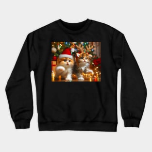 Cute kittens with Santa Claus and reindeer hats and Christmas tree Crewneck Sweatshirt